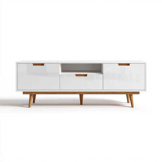TV-Lowboard Weiß Eiche 180 x 40 x 55 cm MDF Massivholz Rechteckig mit 3 Schubladen und offenem Fach