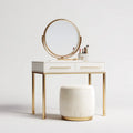 Schminktisch Set Weiß Gold mit rundem Spiegel und Hocker 100 x 45 x 75 cm aus MDF Stahl und Glas