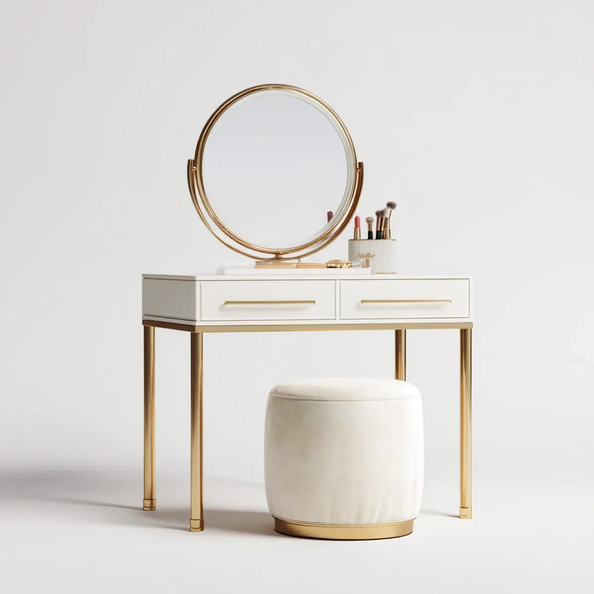 Schminktisch Set Weiß Gold mit rundem Spiegel und Hocker 100 x 45 x 75 cm aus MDF Stahl und Glas