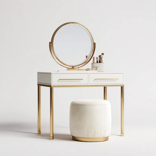 Schminktisch Set Weiß Gold mit rundem Spiegel und Hocker 100 x 45 x 75 cm aus MDF Stahl und Glas