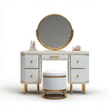 Schminktisch Set Weiß Gold mit rundem Spiegel und Hocker 120 x 45 x 150 cm aus MDF und Glas