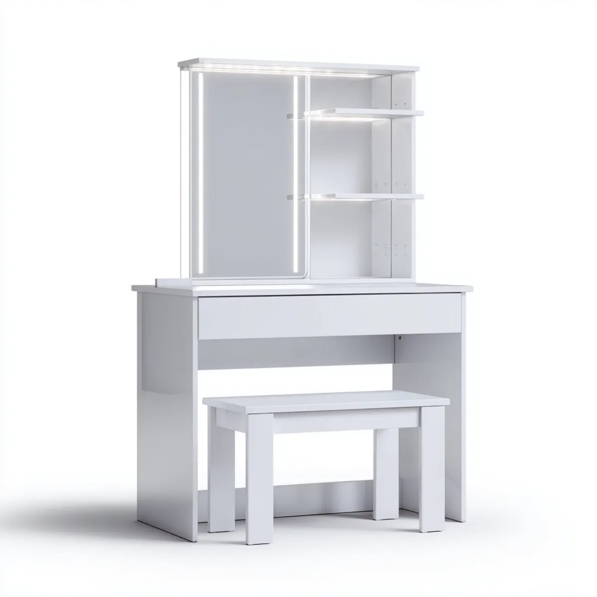 LED Schminktisch Set Weiß 80 x 40 x 140 cm MDF Rechteckig mit Spiegel Hocker Schublade und 3 Ablagen