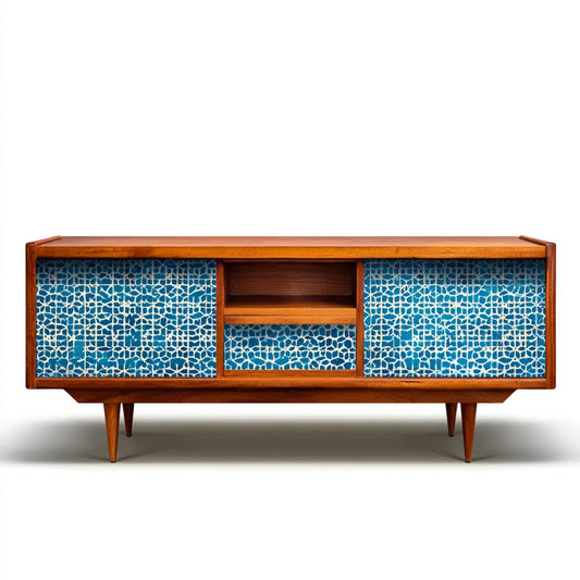 TV-Schrank Lowboard Braun Blau 180 x 40 x 75 cm aus massivem Akazienholz mit Keramikmosaik rechteckig