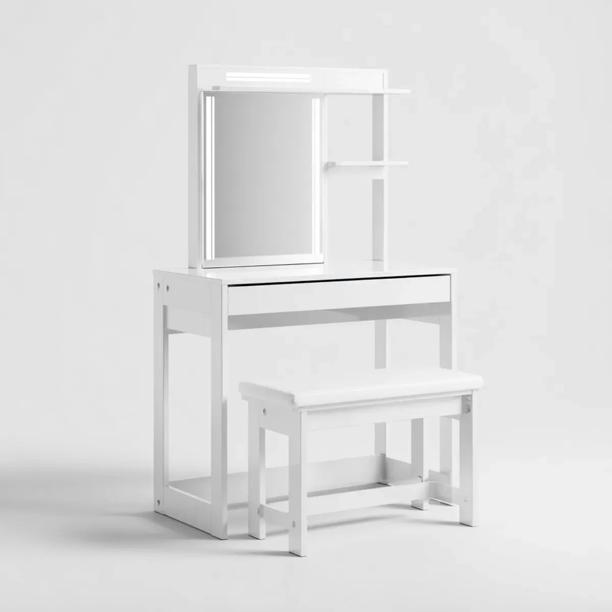 Schminktisch Set Weiß 80 x 40 x 140 cm aus MDF mit LED-Spiegel Schublade Ablagen und Hocker