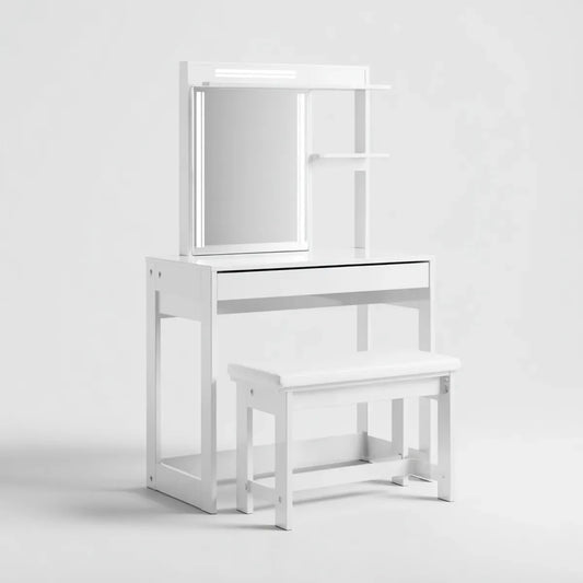 Schminktisch Set Weiß 80 x 40 x 140 cm aus MDF mit LED-Spiegel Schublade Ablagen und Hocker
