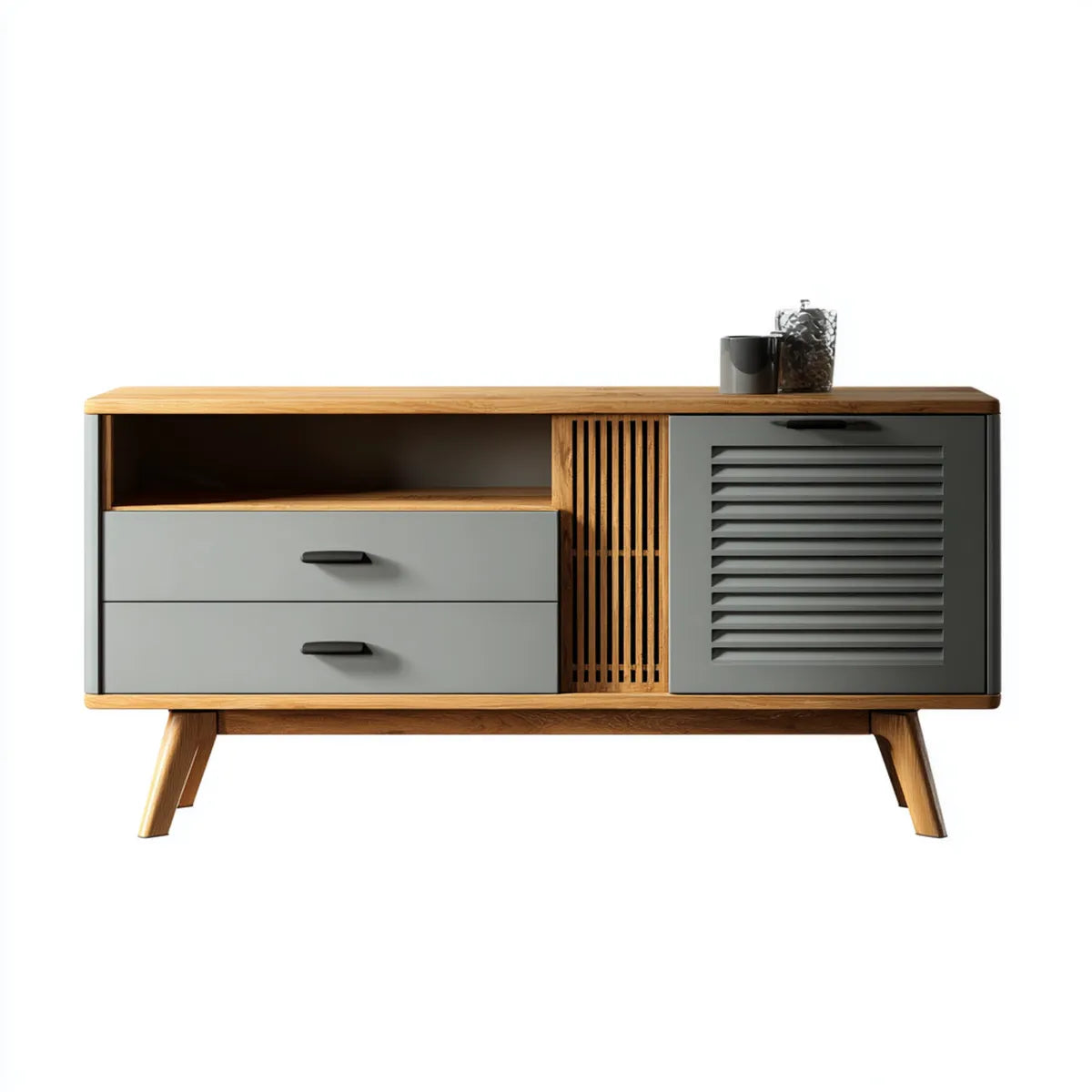 TV-Schrank Sideboard mit 2 Schubladen und Tür Grau Natur 120 x 40 x 75 cm MDF mit Eichenfurnier Rechteckig