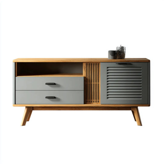 TV-Schrank Sideboard mit 2 Schubladen und Tür Grau Natur 120 x 40 x 75 cm MDF mit Eichenfurnier Rechteckig