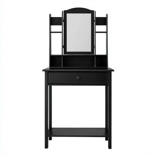 Schminktisch Schwarz 80 x 40 x 145 cm aus MDF mit rechteckigem Dreifachspiegel und Schublade